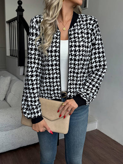 Cocolii blouson bomber femme à motif pied de poule fermeture éclair décontracté veste court et léger pour la mi-saison