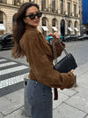 Cocolii veste court femme en suedine ceinture col revers décontracté vintage blouson en daim automne