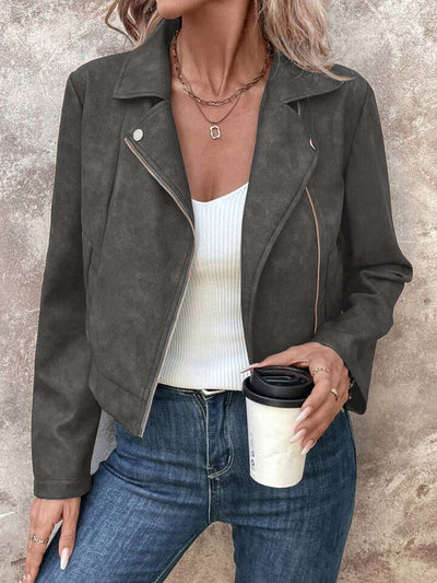 Cocolii court perfecto femme en suedine fermeture éclair col revers manches longues boyfriend style motard veste en daim