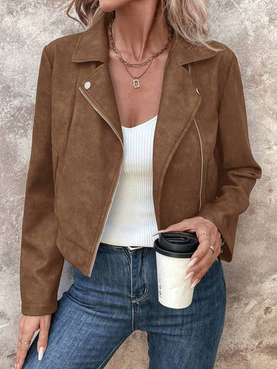Cocolii court perfecto femme en suedine fermeture éclair col revers manches longues boyfriend style motard veste en daim