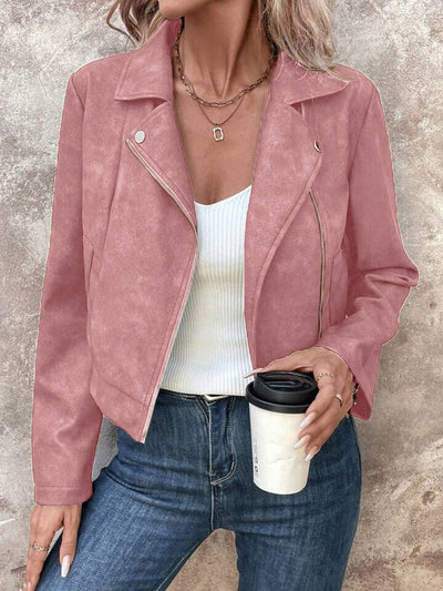 Cocolii court perfecto femme en suedine fermeture éclair col revers manches longues boyfriend style motard veste en daim