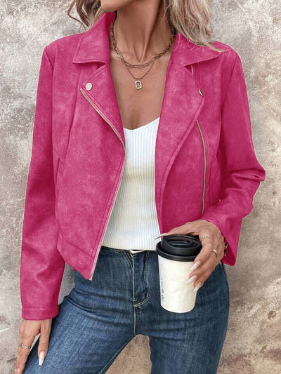 Cocolii court perfecto femme en suedine fermeture éclair col revers manches longues boyfriend style motard veste en daim
