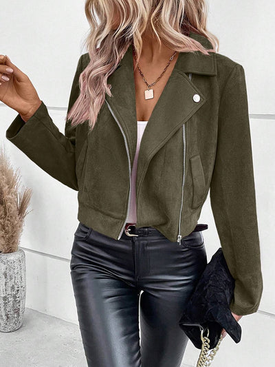 Cocolii court perfecto femme en suedine fermeture éclair poches col revers décontracté veste daim blouson
