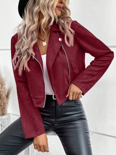 Cocolii court perfecto femme en suedine fermeture éclair poches col revers décontracté veste daim blouson