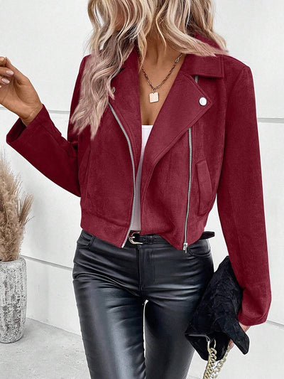 Cocolii court perfecto femme en suedine fermeture éclair poches col revers décontracté veste daim blouson