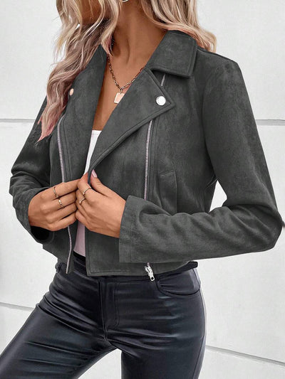 Cocolii court perfecto femme en suedine fermeture éclair poches col revers décontracté veste daim blouson