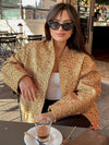 Cocolii bombers veste femme brillante paillette poches col montant manches longues femme vintage décontracté manteau