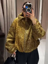 Cocolii court veste femme brillante pailletée fermeture éclair lurex hiver col revers ample vintage décontracté blouson