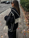 Cocolii manteau en laine avec frange foulard boutonnage poches col rond manches longues femme élégant ample hiver veste