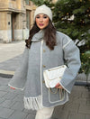 Cocolii manteau en laine avec frange foulard boutonnage poches col rond manches longues femme élégant ample hiver veste