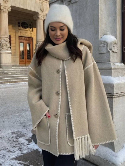 Cocolii manteau en laine avec frange foulard boutonnage poches col rond manches longues femme élégant ample hiver veste