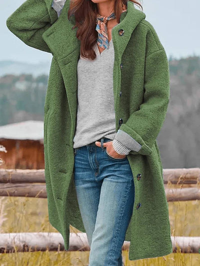 Cocolii mi-longue manteau en laine à capuche boutonnage poches manches longues femme oversized décontracté vetse