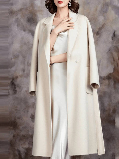 Cocolii longue manteau en laine coton poches ceinture col revers manches longues femme casual ample veste