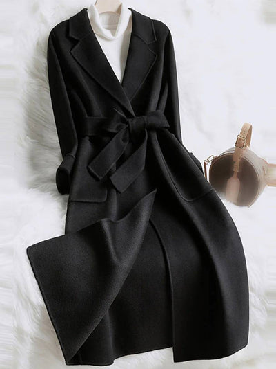 Cocolii longue manteau en laine coton poches ceinture col revers manches longues femme casual ample veste