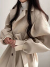 Cocolii mi-longue manteau en laine ceinture boutonnage poches manches bouffantes femme élégant oversized hiver veste vêtements