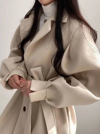 Cocolii mi-longue manteau en laine ceinture boutonnage poches manches bouffantes femme élégant oversized hiver veste vêtements