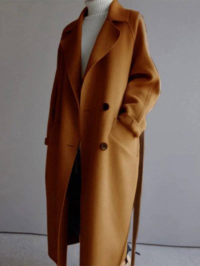 Cocolii longue manteau en laine double boutonnage poches ceinture découpe v femme élégant veste caban
