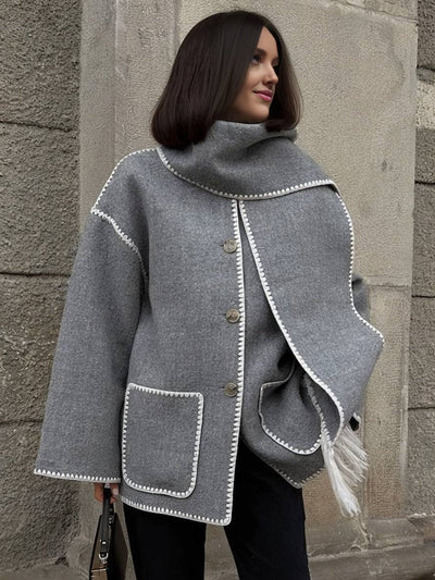 Cocolii manteau en laine veste en feutre à encolure frange écharpe boutonnage poches col rond femme élégant mode