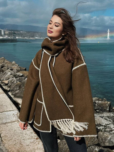 Cocolii manteau en laine veste en feutre à encolure frange écharpe boutonnage poches col rond femme élégant mode