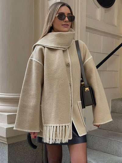 Cocolii manteau en laine veste en feutre à encolure frange écharpe boutonnage poches col rond femme élégant mode