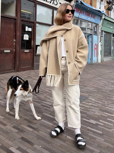 Cocolii manteau en laine veste en feutre à encolure frange écharpe boutonnage poches col rond femme élégant mode