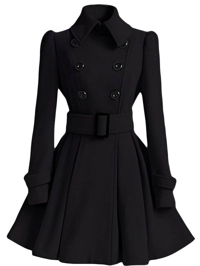 Cocolii mi-longue manteau en laine à volantée double boutonnage ceinture col revers femme élégant décontracté