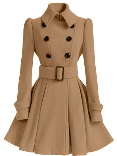 Cocolii mi-longue manteau en laine à volantée double boutonnage ceinture col revers femme élégant décontracté