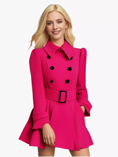 Cocolii mi-longue manteau en laine à volantée double boutonnage ceinture col revers femme élégant décontracté