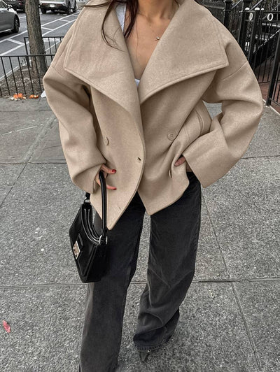 Cocolii manteau en laine double boutonnage col revers poches manches longues femme élégant décontracté ample veste