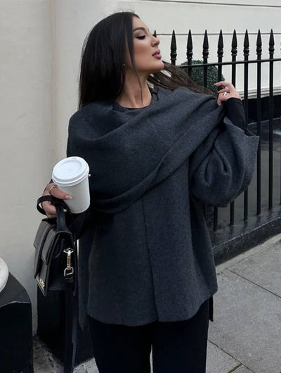 Cocolii manteau en laine avec écharpe fendu le côté boutons col rond manches longues femme élégant décontracté lâche veste