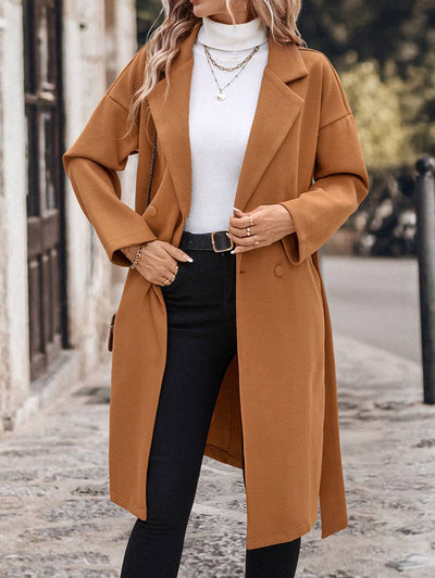 Cocolii longue manteau en laine double boutonnage poches ceinture col revers femme élégant décontracté ample veste caban