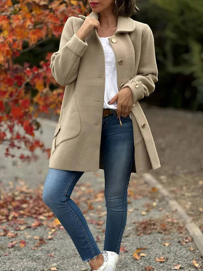 Cocolii mi-longue manteau en laine unicolore noeud papillon boutonnage poches col revers femme élégant décontracté veste