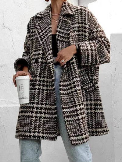 Cocolii mi-longue manteau en laine pied de poule double boutonnage poches manches longues femme élégant ample veste