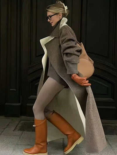 Cocolii longue manteau en laine boutonnage poches col revers manches longues femme élégant décontracté ample hiver chic veste