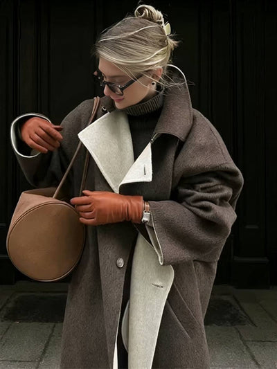 Cocolii longue manteau en laine boutonnage poches col revers manches longues femme élégant décontracté ample hiver chic veste