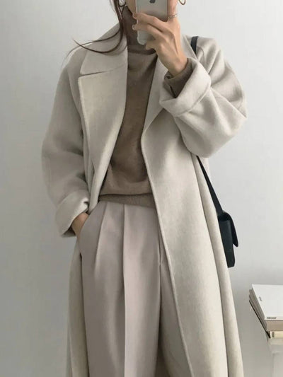 Cocolii longue manteau en laine col revers ceinture poches manches longues femme élégant décontracté oversized hiver blouson