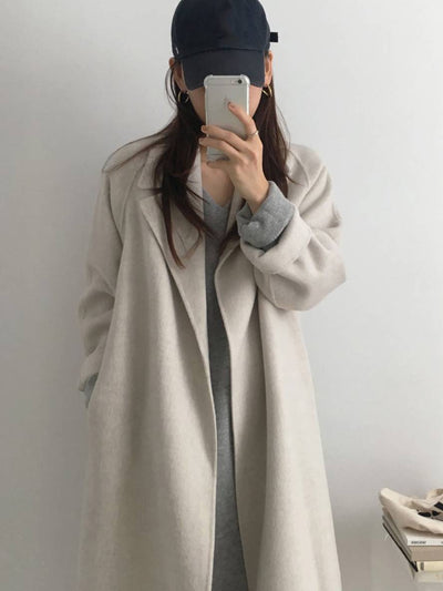 Cocolii longue manteau en laine col revers ceinture poches manches longues femme élégant décontracté oversized hiver blouson