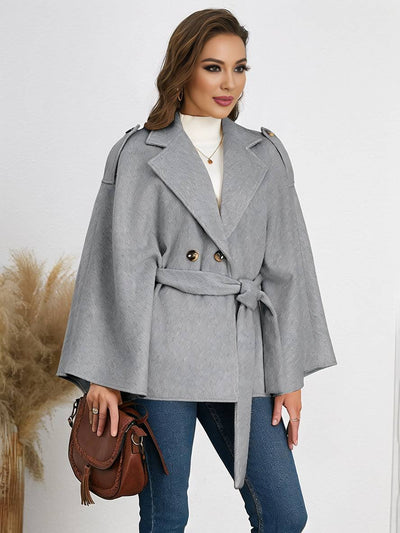 Cocolii mi-longue poncho manteau femme double boutonnage ceinture col revers manches chauve souris élégant décontracté veste