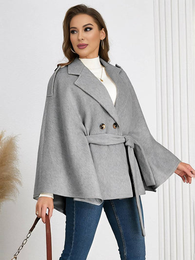 Cocolii mi-longue poncho manteau femme double boutonnage ceinture col revers manches chauve souris élégant décontracté veste