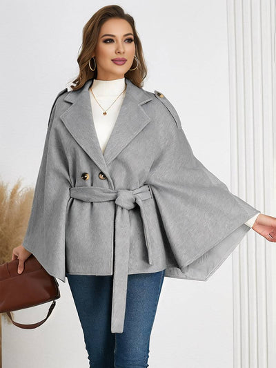 Cocolii mi-longue poncho manteau femme double boutonnage ceinture col revers manches chauve souris élégant décontracté veste