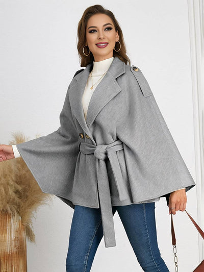 Cocolii mi-longue poncho manteau femme double boutonnage ceinture col revers manches chauve souris élégant décontracté veste