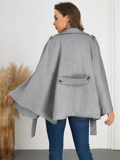 Cocolii mi-longue poncho manteau femme double boutonnage ceinture col revers manches chauve souris élégant décontracté veste