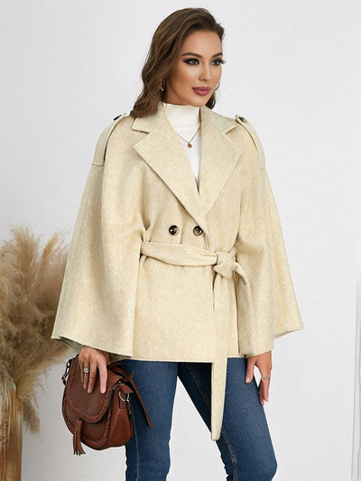 Cocolii mi-longue poncho manteau femme double boutonnage ceinture col revers manches chauve souris élégant décontracté veste