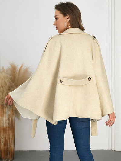 Cocolii mi-longue poncho manteau femme double boutonnage ceinture col revers manches chauve souris élégant décontracté veste