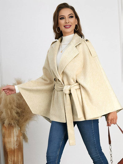 Cocolii mi-longue poncho manteau femme double boutonnage ceinture col revers manches chauve souris élégant décontracté veste