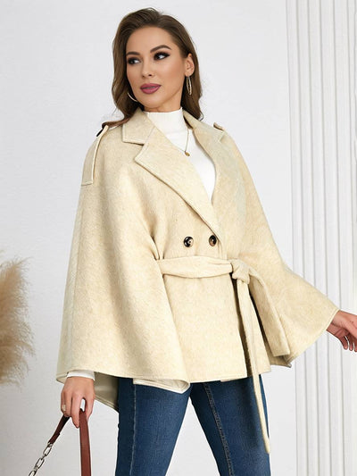 Cocolii mi-longue poncho manteau femme double boutonnage ceinture col revers manches chauve souris élégant décontracté veste