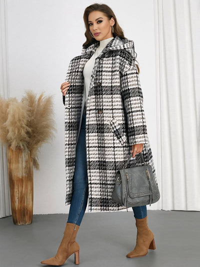 Cocolii longue manteau en laine carreaux à capuche double boutonnage femme décontracté hiver veste prince de galles