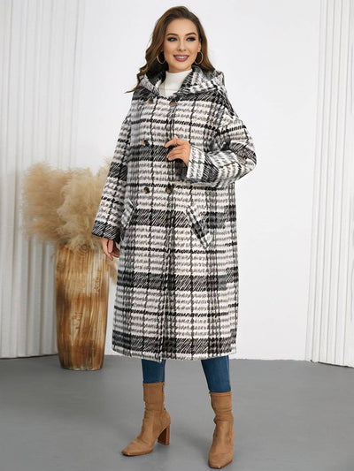 Cocolii longue manteau en laine carreaux à capuche double boutonnage femme décontracté hiver veste prince de galles