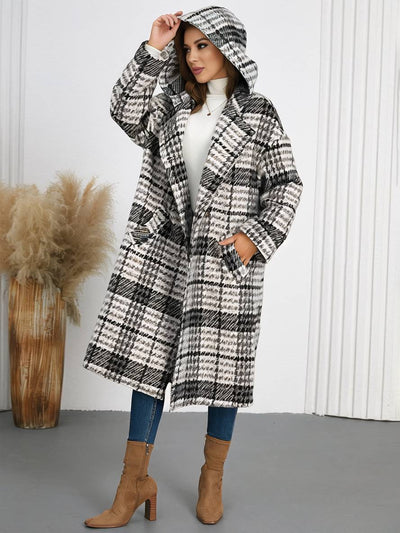 Cocolii longue manteau en laine carreaux à capuche double boutonnage femme décontracté hiver veste prince de galles