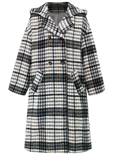 Cocolii longue manteau en laine carreaux à capuche double boutonnage femme décontracté hiver veste prince de galles